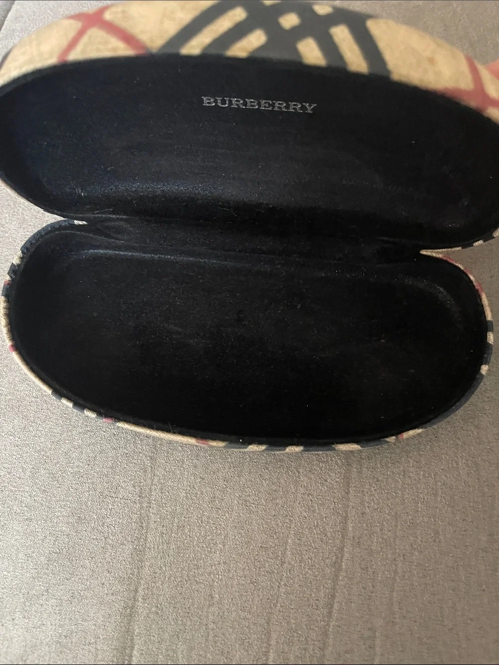 Burberry Beige Plaid Sunglasses Case with Black and Red Accents
